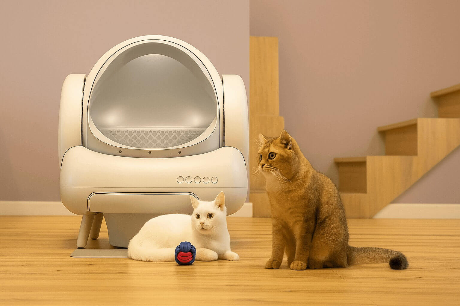 Two cats sitting next to a black automatic litter box with a self-cleaning system
