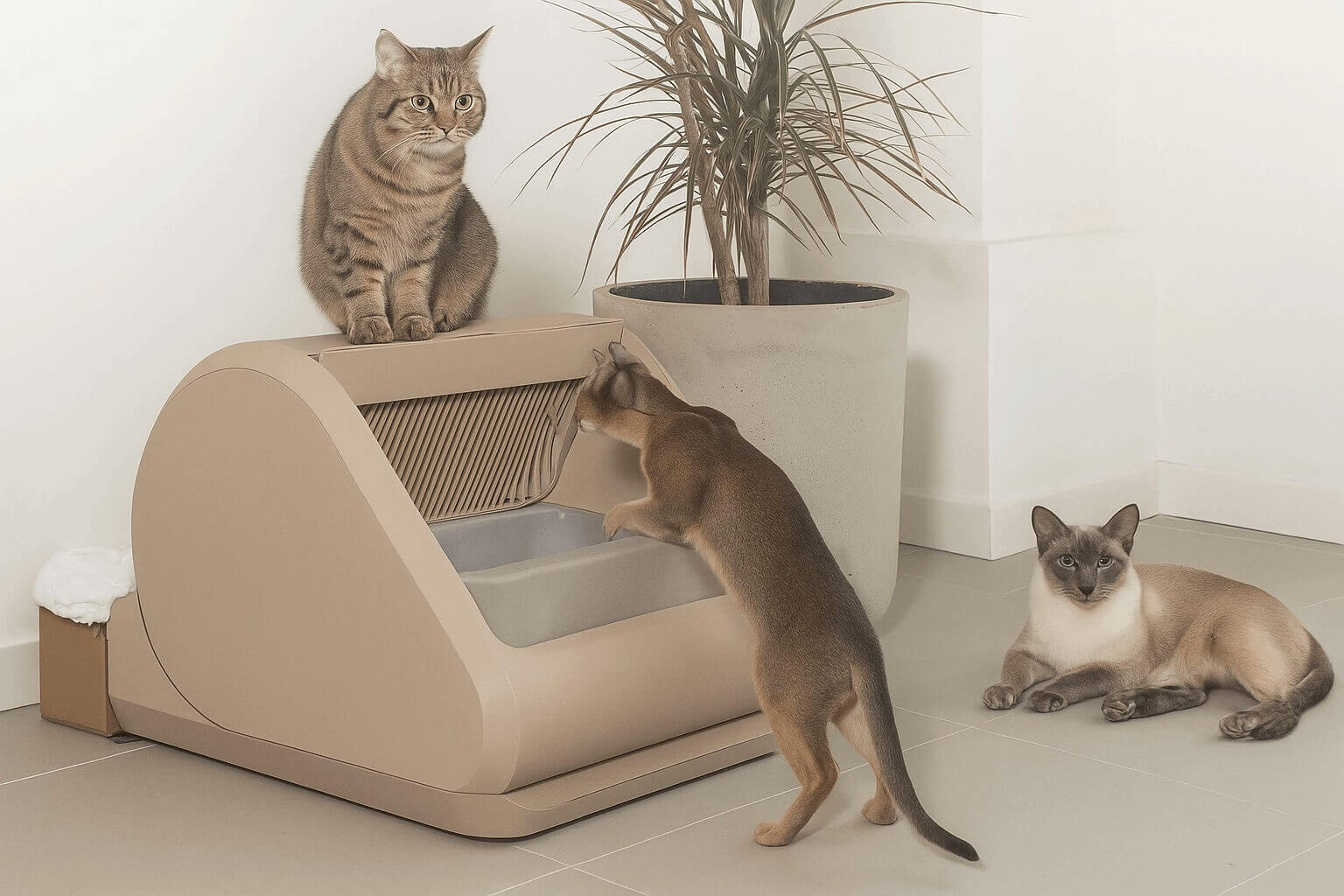 Three cats interacting with a white automatic litter box next to a potted plant indoors
