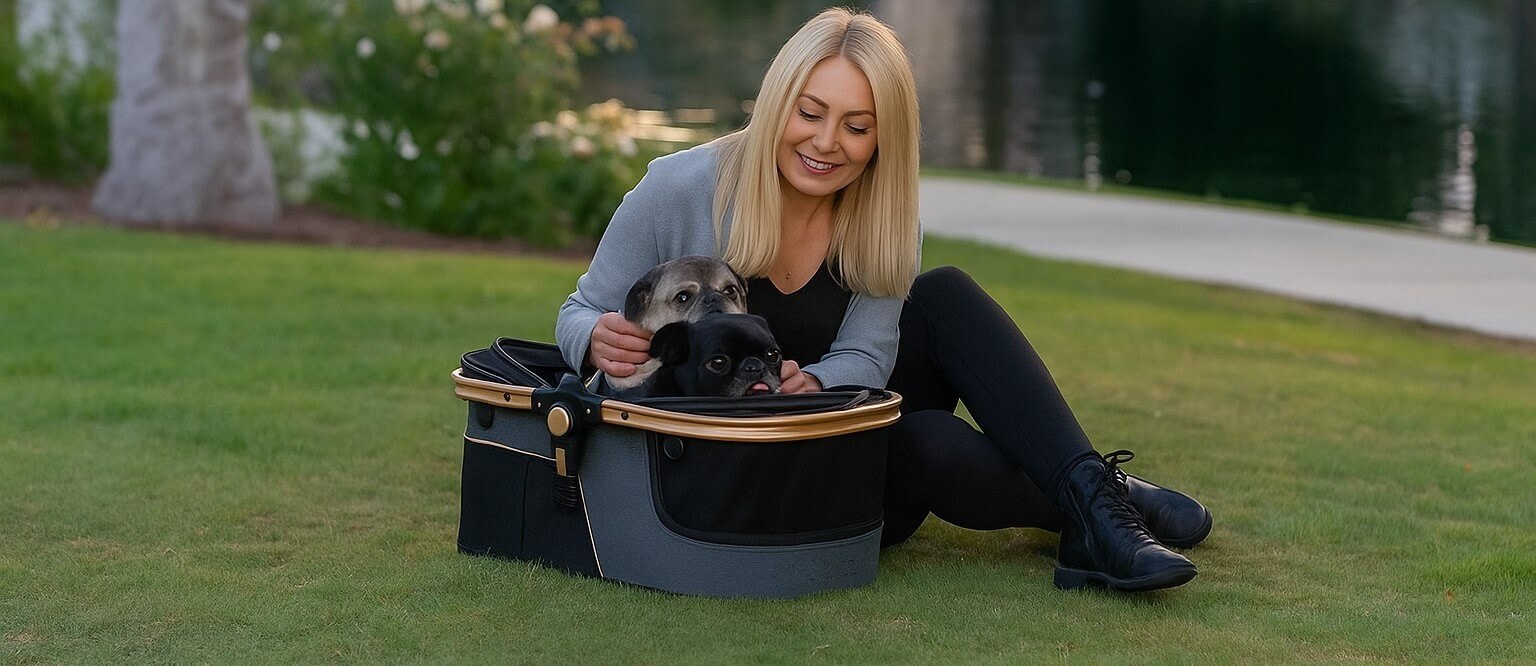Woman smiling with black dog inside HPZ Pet Rover Prime carrier – relaxed and safe