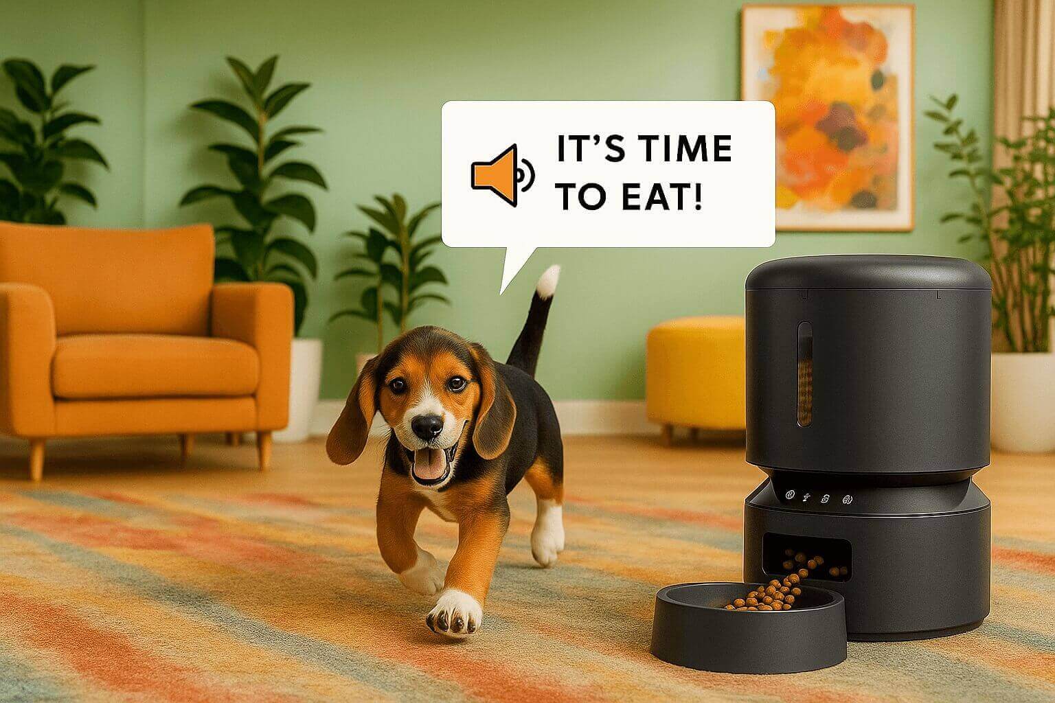 Beagle puppy walking happily towards a PETLIBRO automatic pet feeder with voice message in a cozy home setting