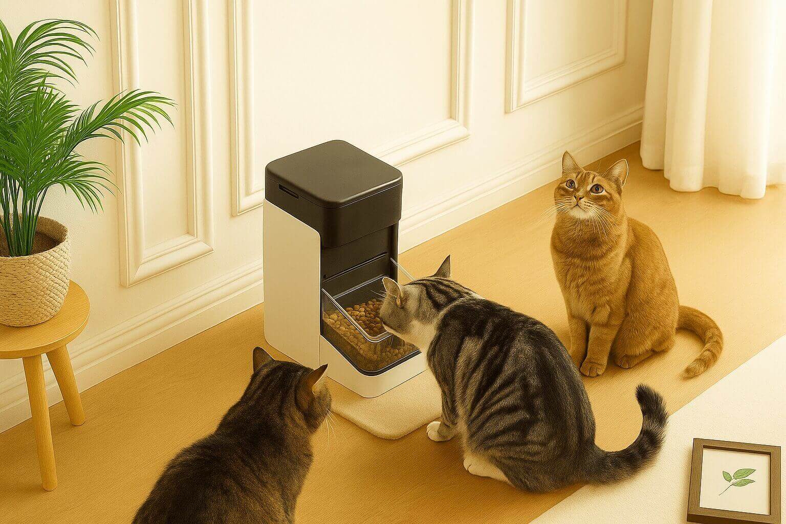 Three cats using PETLIBRO automatic feeders in a modern home – smart pet feeding solution for 2025