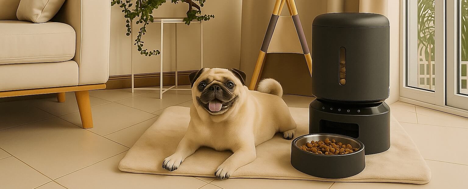 Happy pug next to PETLIBRO 5G Automatic Feeder inside modern pet-friendly living room