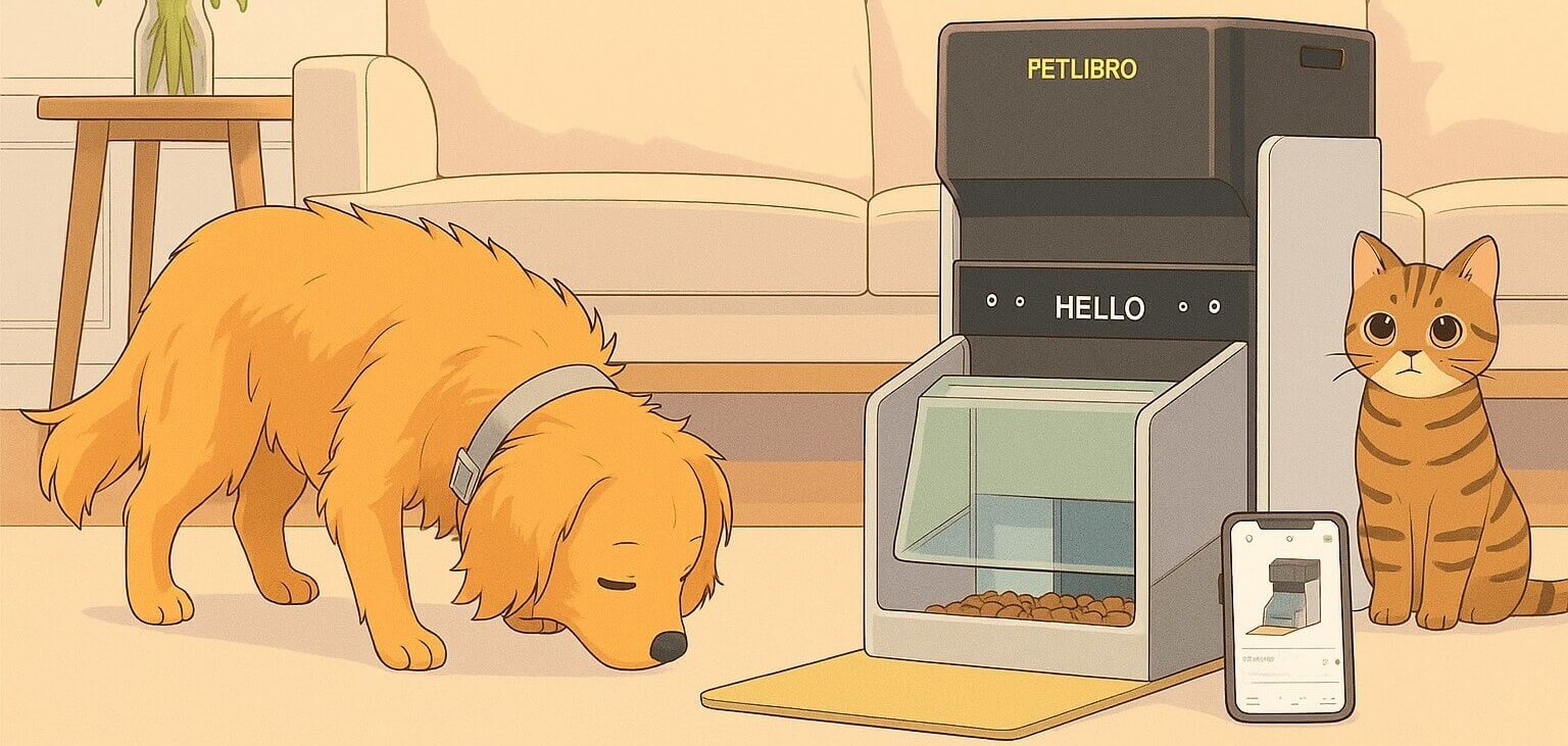 Illustration of a dog and a cat using the PETLIBRO RFID Automatic Pet Feeder with app control and smart collar tag, inside a cozy living room setting