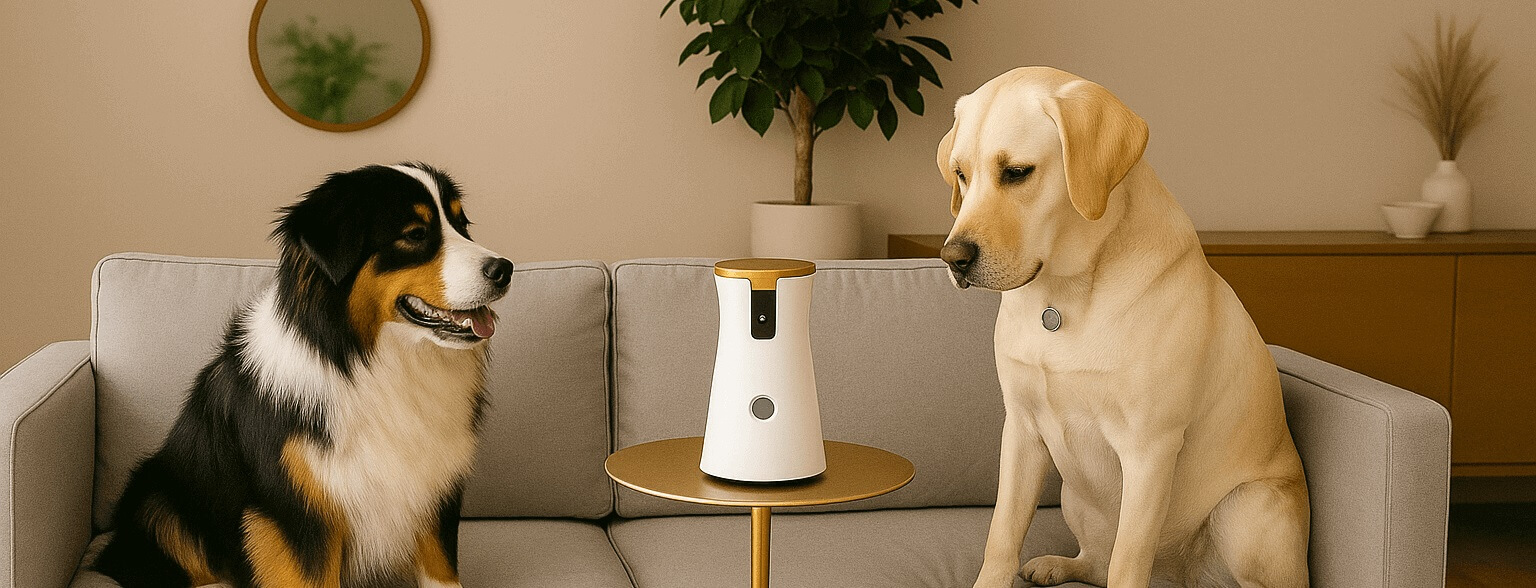 Two fluffy dogs sitting on a couch with a Furbo pet camera — best smart monitoring gadget for pets in 2025