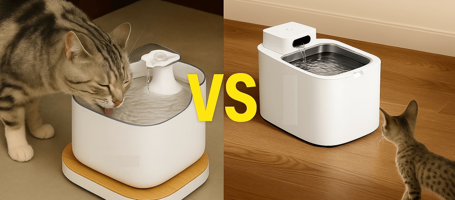 Side-by-side image of PETLIBRO and PETKIT water fountains with cats drinking, illustrating a comparison of design and function for 2025.