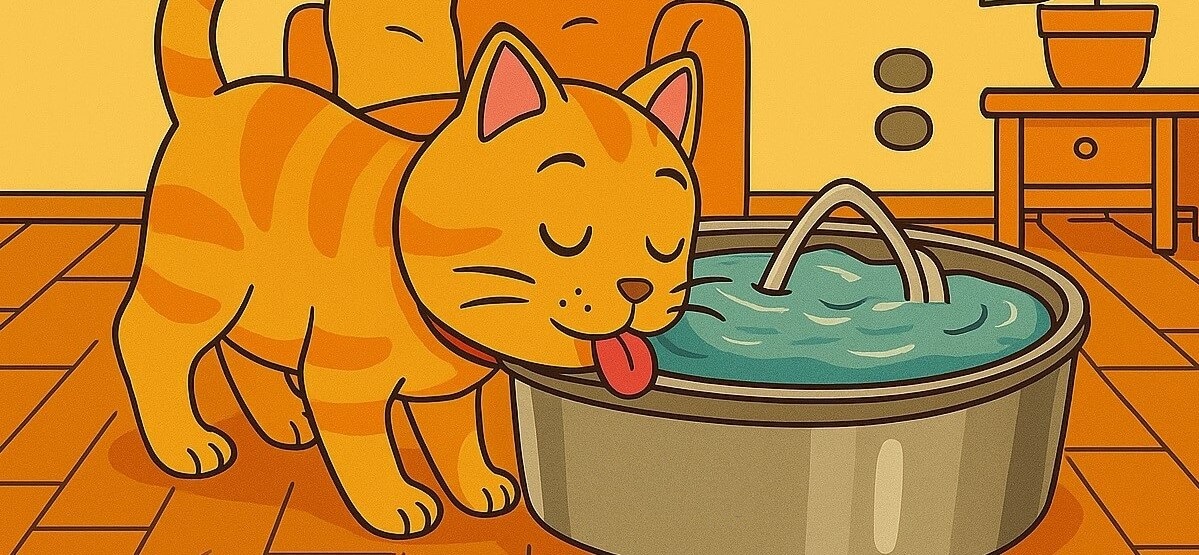 Orange tabby cat drinking water from PETLIBRO stainless steel fountain in cozy indoor setting