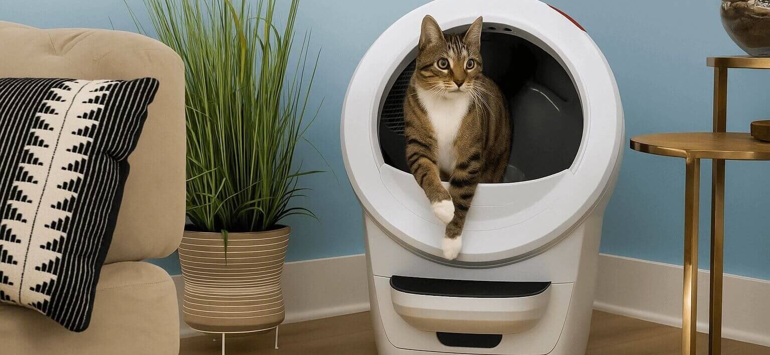 Cat stepping out of a modern automatic litter box in a cozy living room setting
