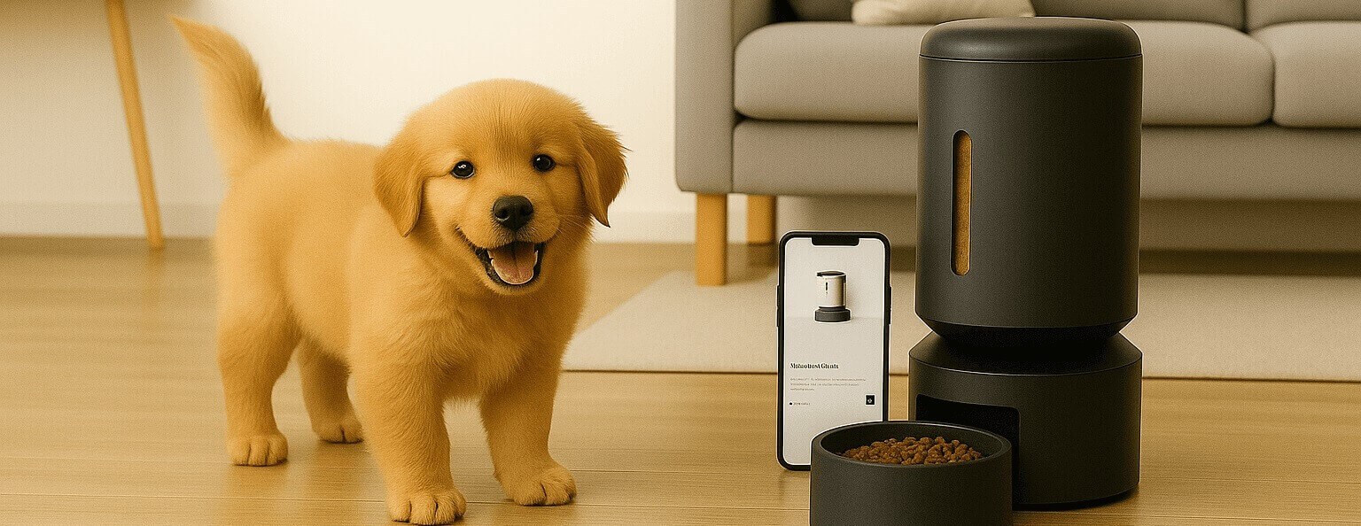 Golden retriever puppy next to PETLIBRO smart pet feeder with app control, designed for scheduled feeding routines