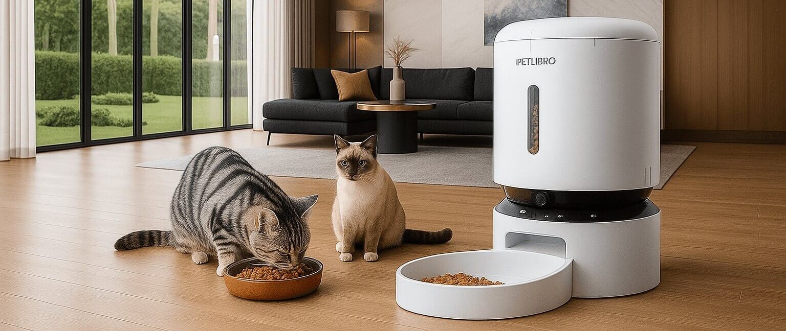 Two cats eating from bowls next to the PETLIBRO 5G Automatic Pet Feeder in a modern living room with wood floors