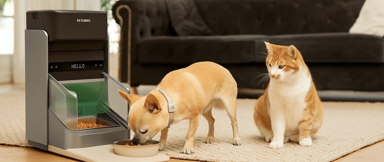 PETLIBRO RFID Automatic Pet Feeder dispensing food to a Chihuahua while a cat watches in a cozy living room