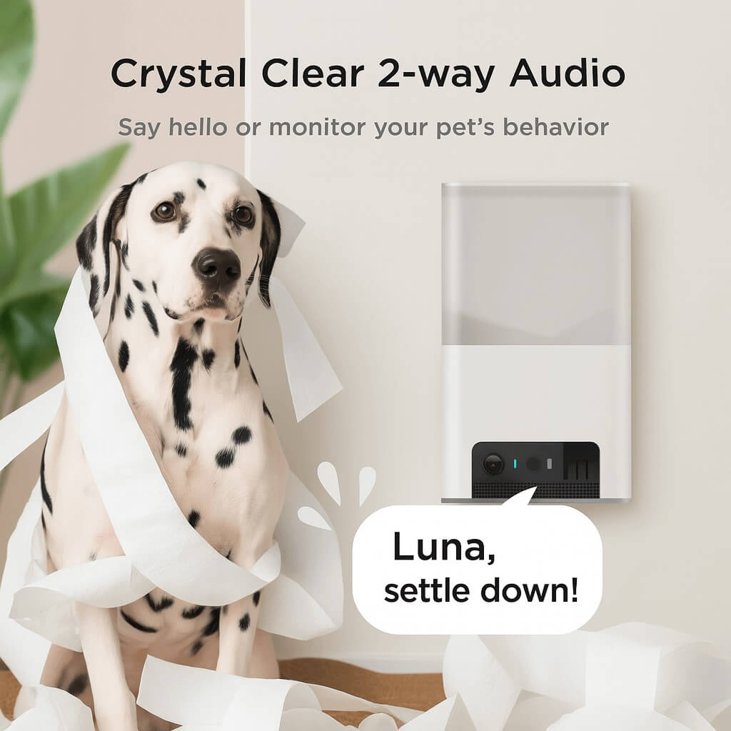 Dog listening through Petcube Cam’s 2-way audio – interact remotely with your pet for better connection