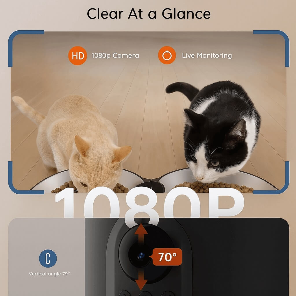1080P HD Wi-Fi camera of WOPET Automatic Pet Feeder showing real-time pet monitoring with infrared night vision