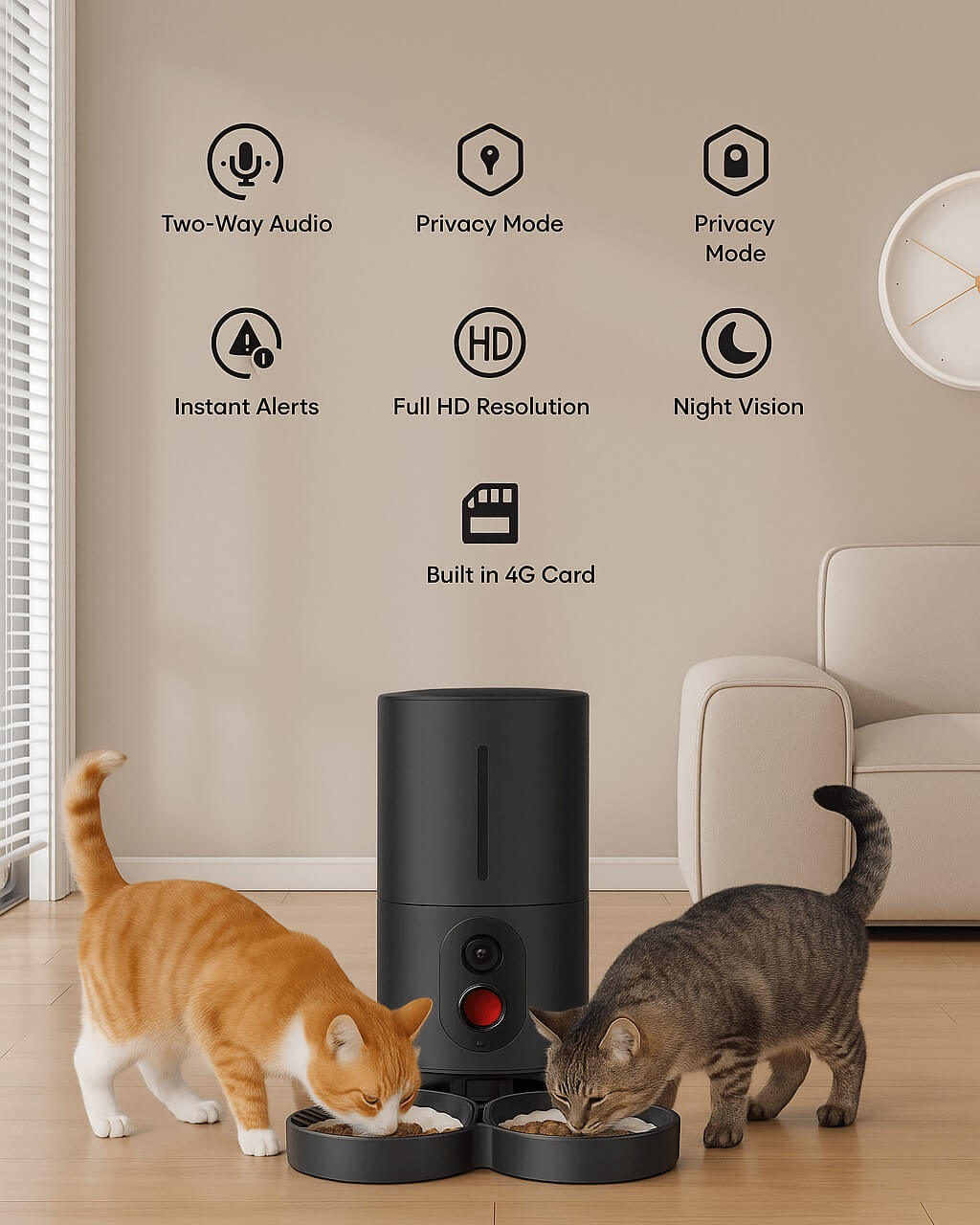 WOPET Automatic Pet Feeder in use with two cats, highlighting features like portion control, Wi-Fi, and voice recording
