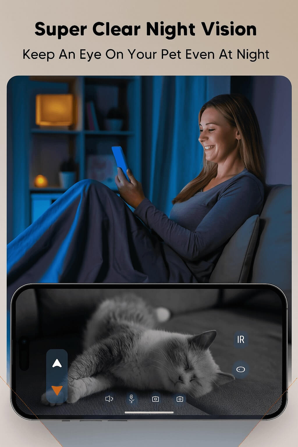 Woman monitoring her cat at night using WOPET Automatic Pet Feeder’s HD night vision camera from smartphone