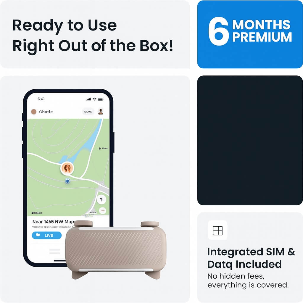 Tractive GPS Dog Tracker starter kit with smartphone interface, highlighting 6-month premium plan, integrated SIM, and instant setup features.