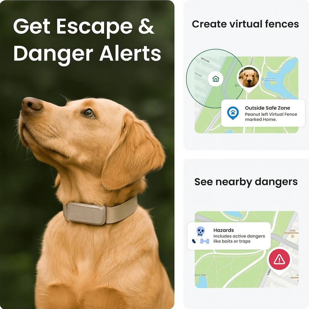 Dog wearing the Tractive GPS Tracker with app visuals showing escape alerts, virtual fences, and nearby danger notifications for enhanced pet safety.s