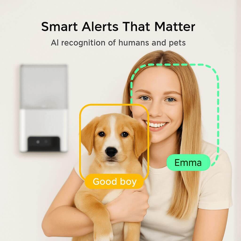 Illustration of dogs interacting with a smart Wi-Fi pet camera — Petcube Cam enables remote monitoring and two-way audio.