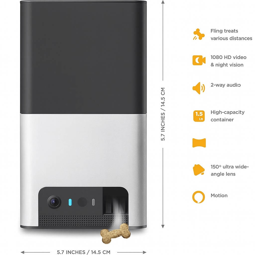 Petcube Bites 2 front view with technical specs and treat dispenser — compact Wi-Fi pet camera for easy setup and treat tossing.