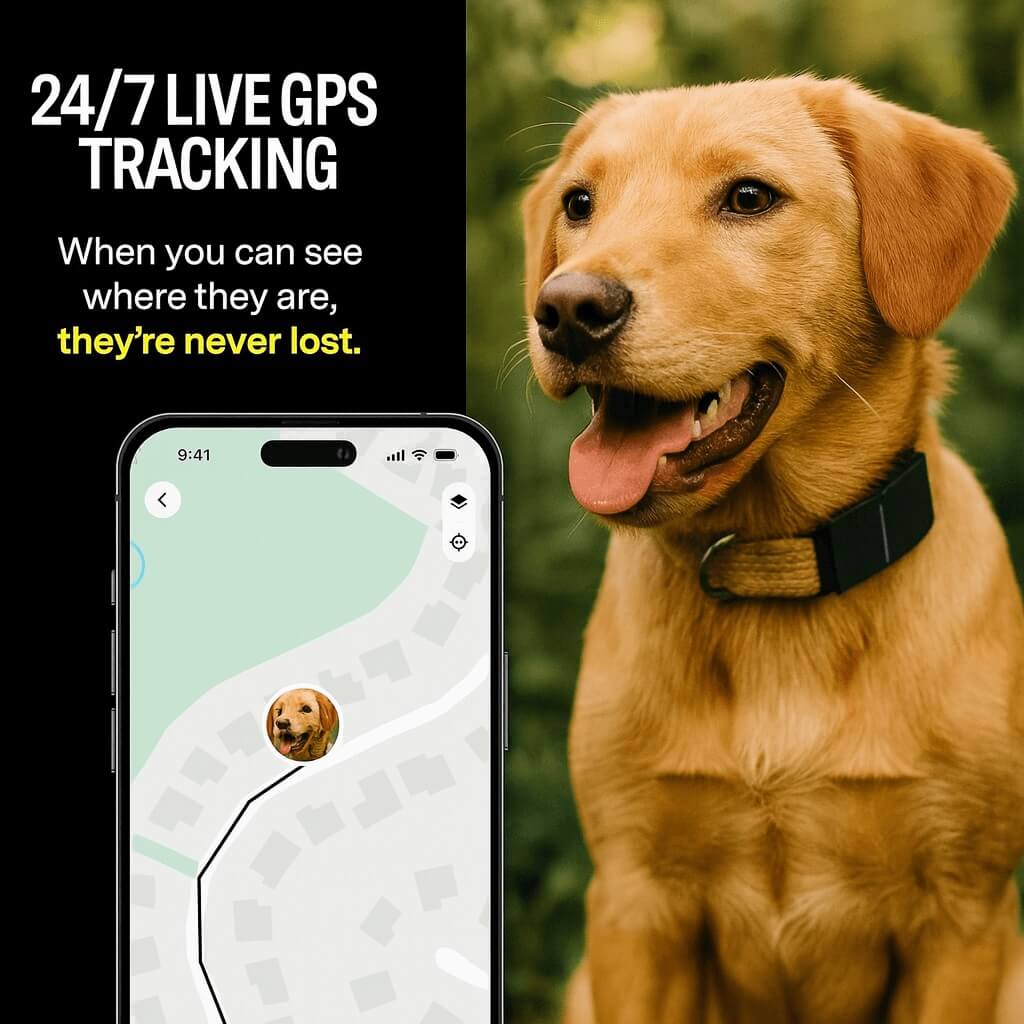 Fi Smart 3 Dog Collar app with live GPS tracking and happy dog in outdoor field — 24/7 real-time location monitoring