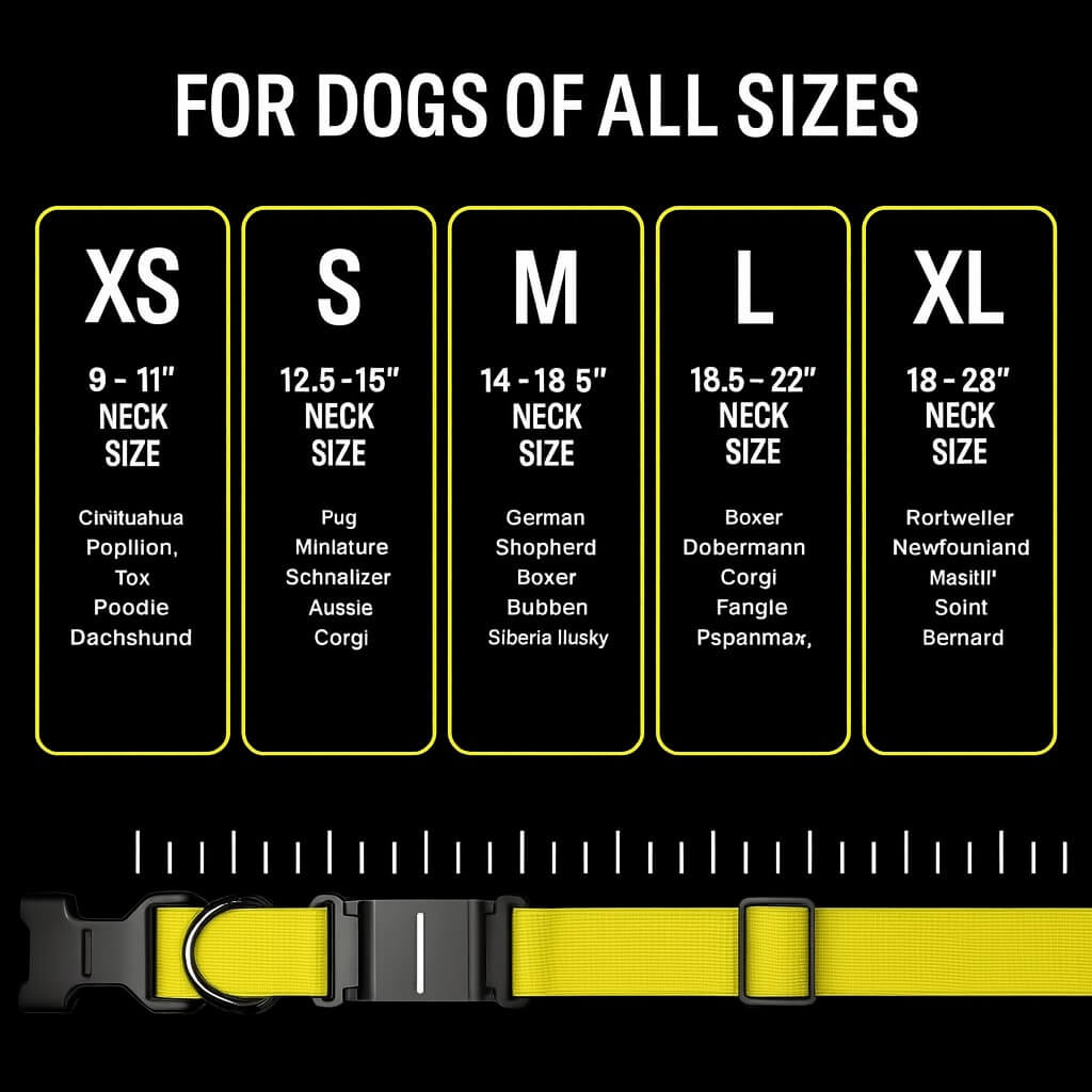 Fi Smart 3 Dog Collar size chart showing neck measurements and recommended breeds for sizes XS to XL