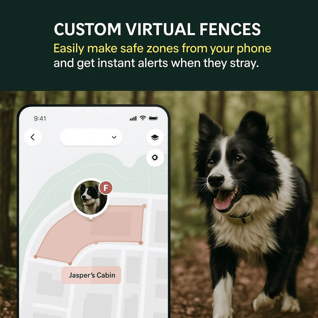 Owner monitoring their dog’s location and activity using the Fi Smart 3 Dog Collar app on a smartphone