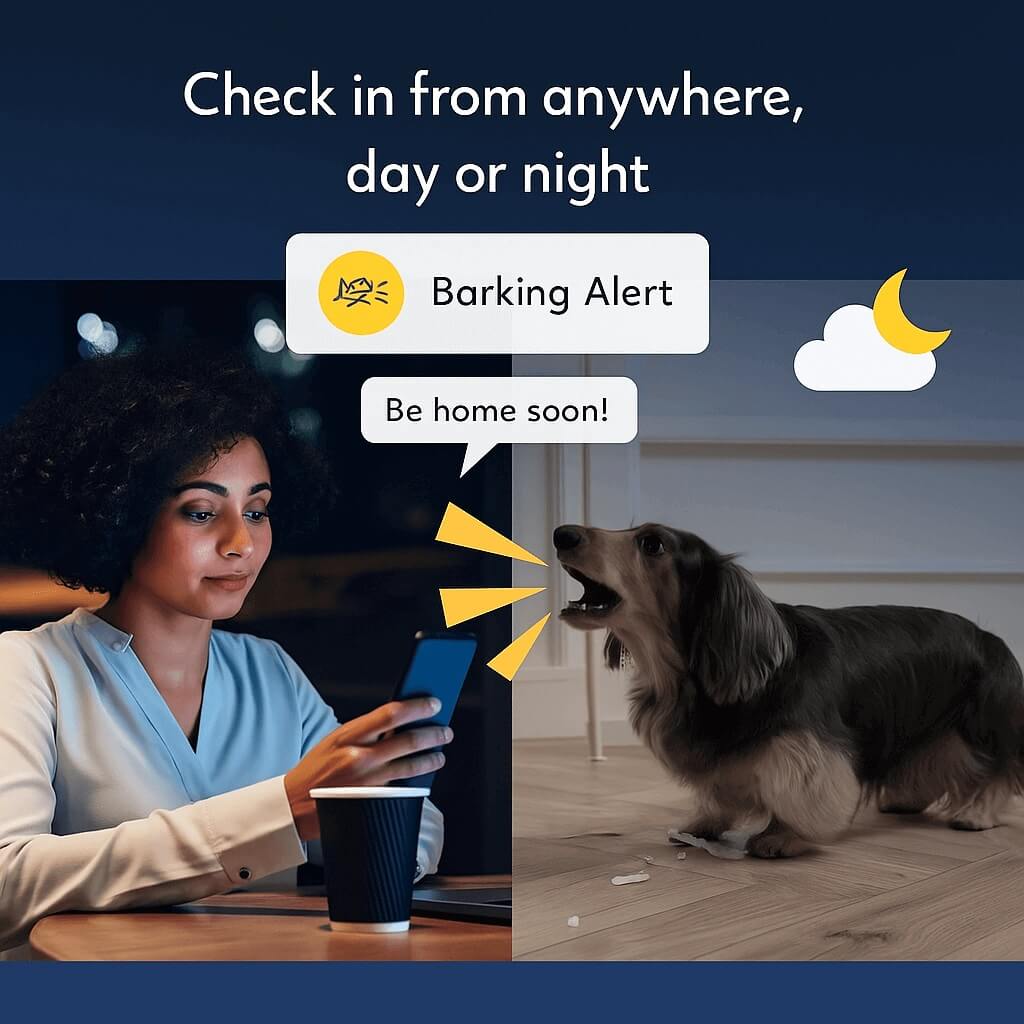 Woman receiving barking alert from Furbo Dog Camera app while her dog barks at home — real-time pet monitoring and interaction.