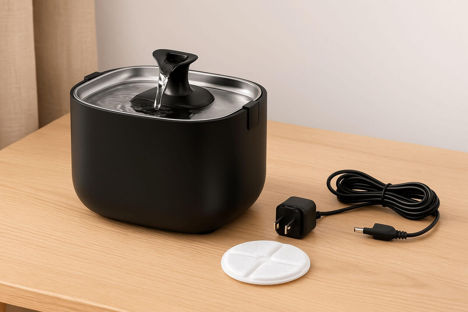 PETLIBRO cat water fountain box contents – includes fountain, wireless pump, USB cable, adapter, filter, brush and manual