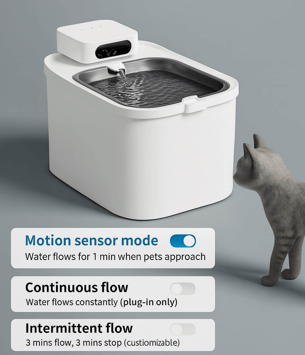 PETKIT Eversweet Max motion sensor mode – smart pet water fountain activates flow when pet approaches, promoting hydration with customizable flow options
