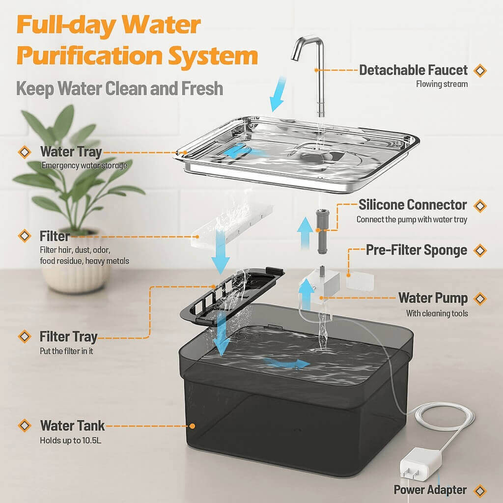 Complete packing list of the SIBAYS Dog Water Fountain, showing all included parts like stainless steel fountain, filter tray, detachable faucet, USB adapter, cleaning tools, and user manual
