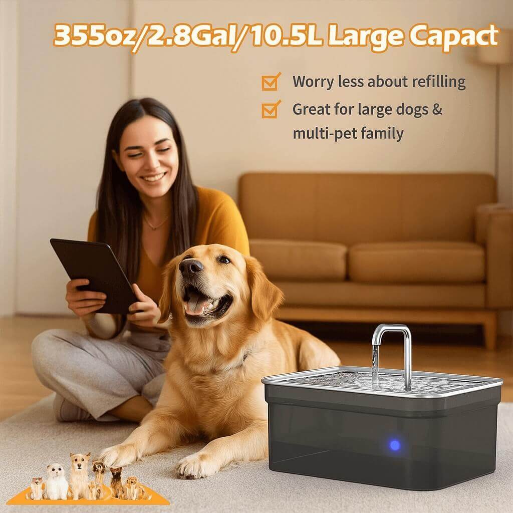Woman with golden retriever using the SIBAYS Dog Water Fountain in a modern living room — highlights 2.8 gal large capacity for multi-pet households