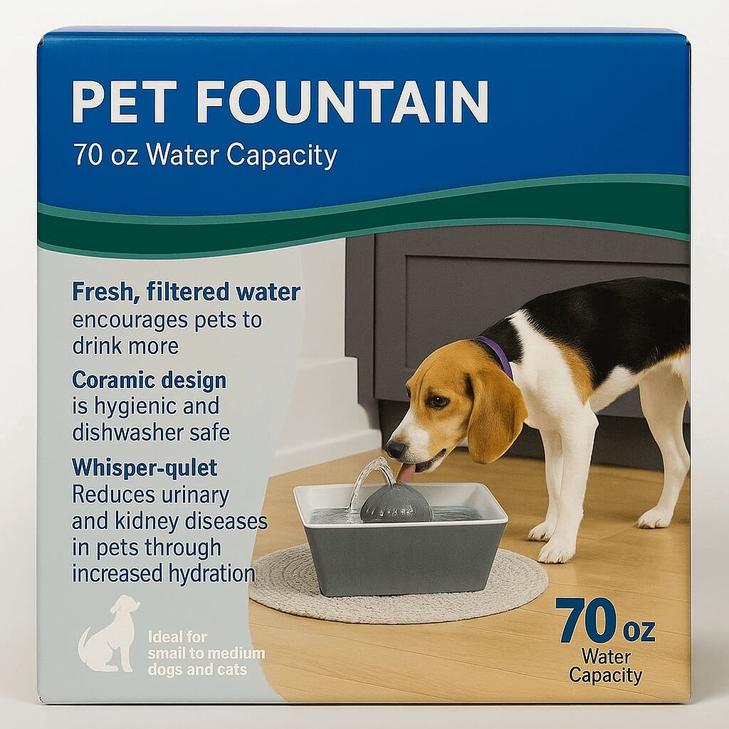 PetSafe Drinkwell Ceramic Fountain displayed with packaging – dual water streams and ceramic design for pet hydration