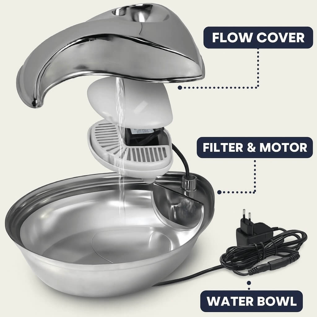 Pioneer Pet Stainless Steel Fountain disassembled – includes pump, power cord, filter, and stainless steel bowl for easy setup