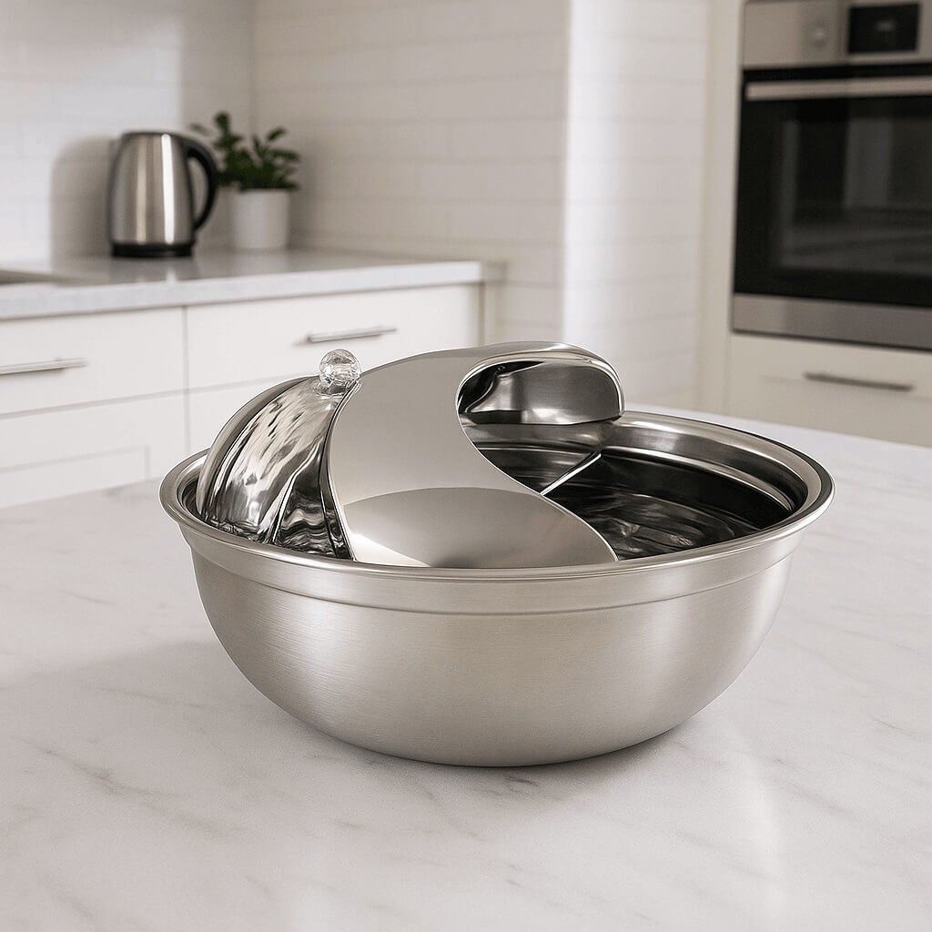 Top view of Pioneer Pet Raindrop Fountain showing continuous water flow and stainless steel surface
