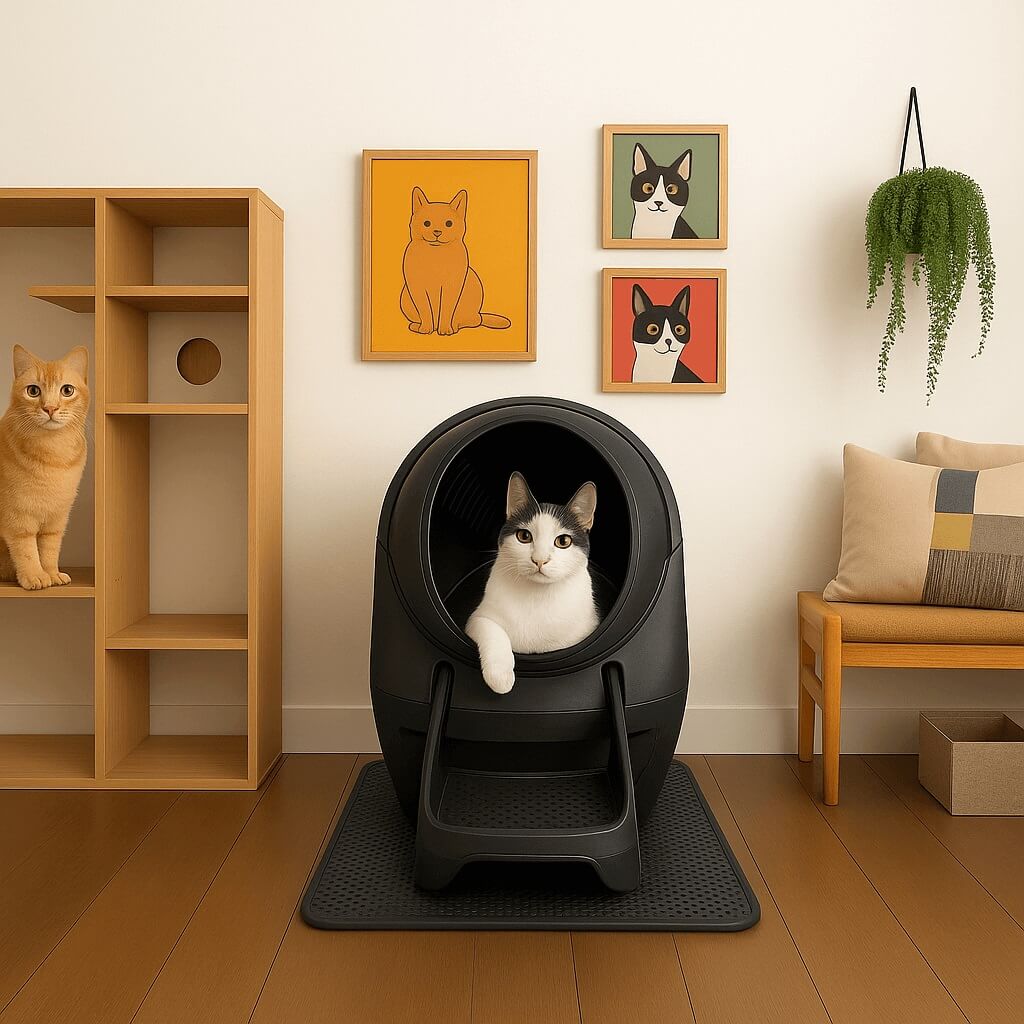 Litter-Robot 4 self-cleaning litter box with black design, featuring a cat inside in a stylish modern room – smart choice for odor-free and app-enabled litter box solutions in 2025.