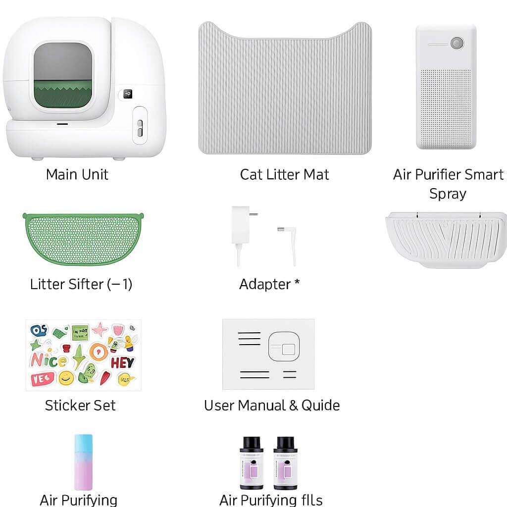 PETKIT PuraMax 2 unboxing – includes litter box unit, litter mat, smart spray purifier, sifter, adapters, user guide, air refills, odor eliminator, and accessories for automatic cat litter setup (2025)
