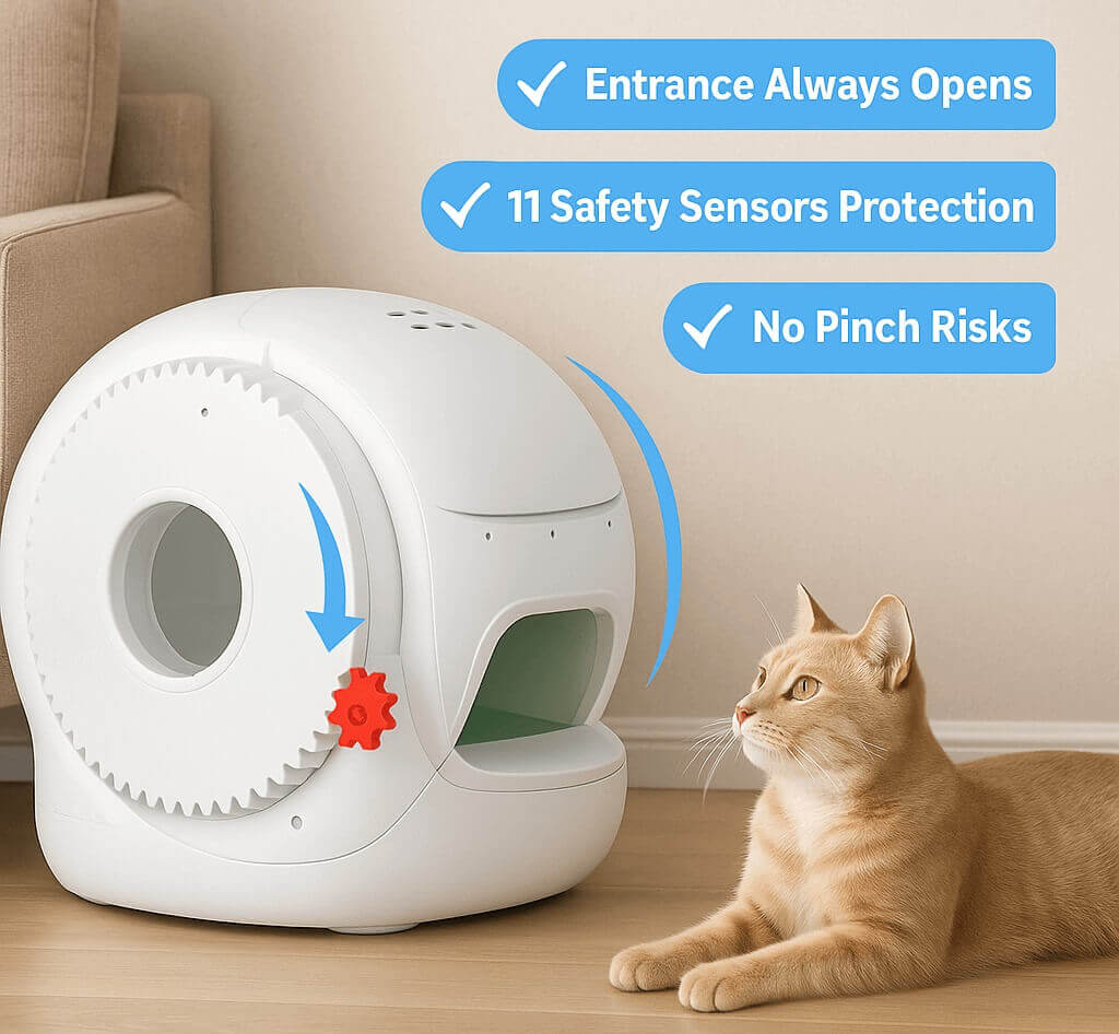PETKIT PuraMax 2 safety features – entrance with 11 intelligent sensors, anti-pinch design, and secure operation for cats during automatic litter box cleaning (2025).