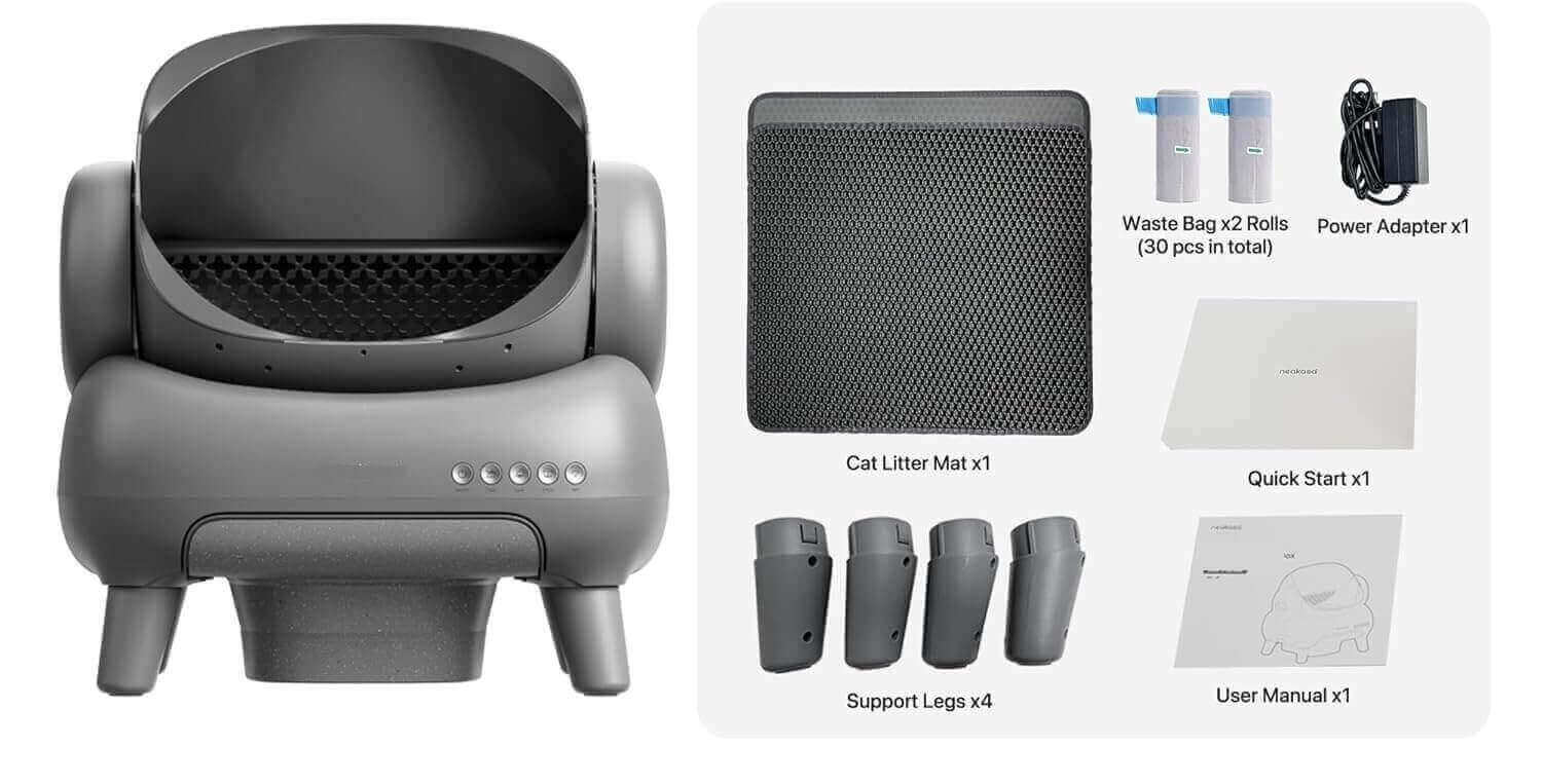 Neakasa M1 litter box package contents and specifications including litter capacity, cleaning time, and compatible systems