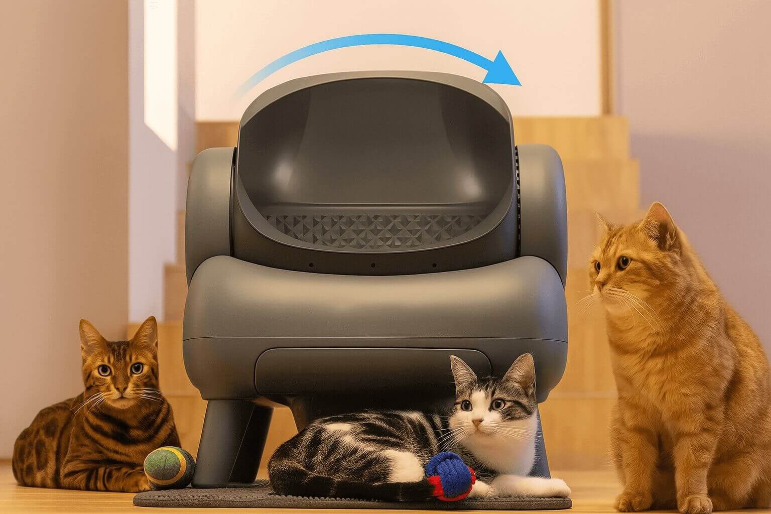 Neakasa M1 litter box with cats showcasing open-top design, app control, odor-free cleaning and 11L waste bin