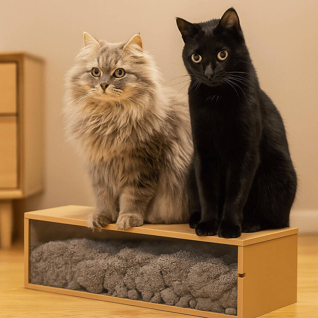Two cats sitting on Popur X5 cardboard trash box with 30-day storage capacity for self-cleaning litter system