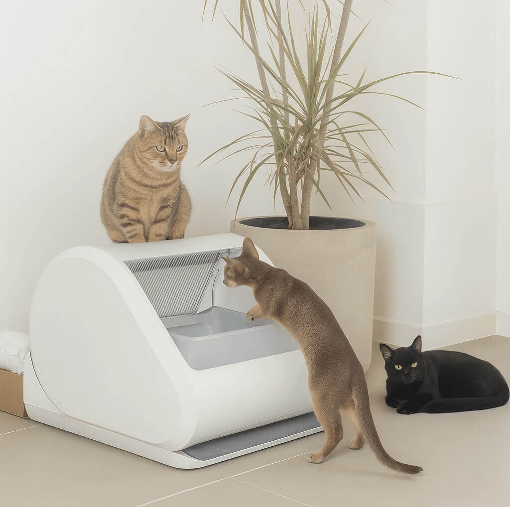 Three cats using Popur X5 self-cleaning litter box designed for multiple cat households with smart waste management