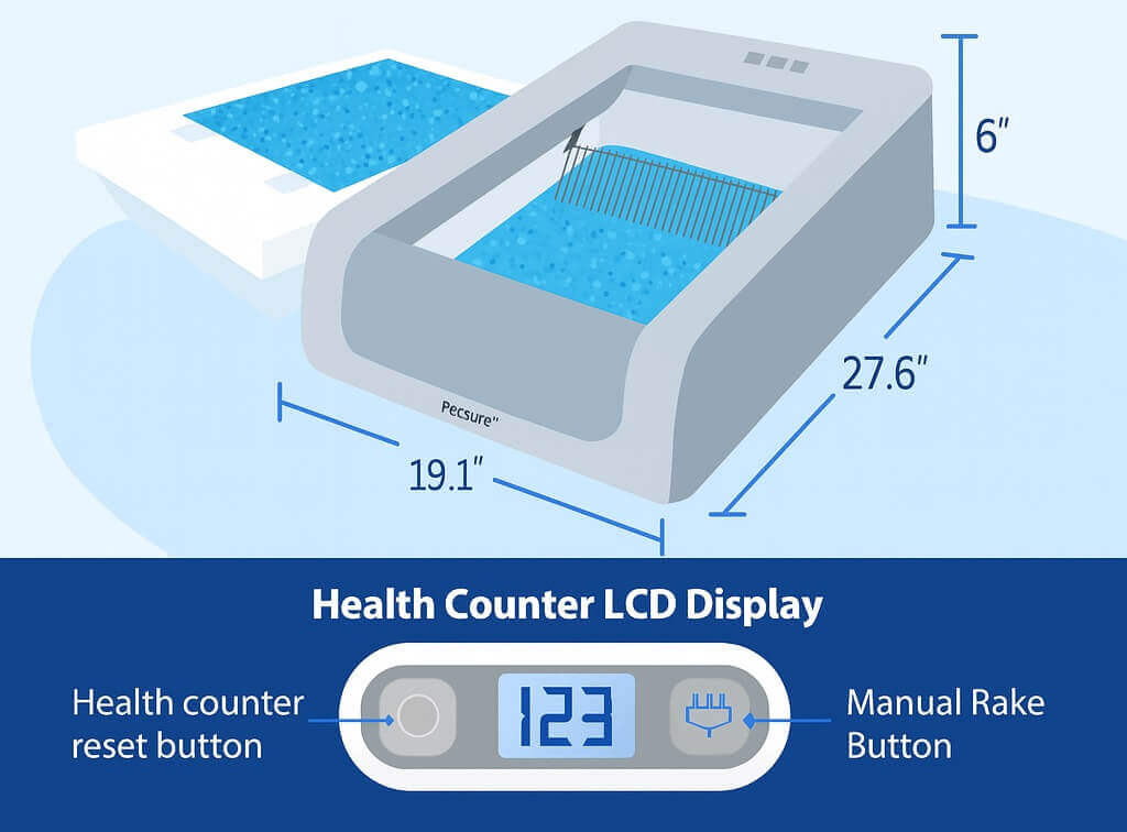 ScoopFree Crystal Pro litter box dimensions and features – compact self-cleaning system with LCD display