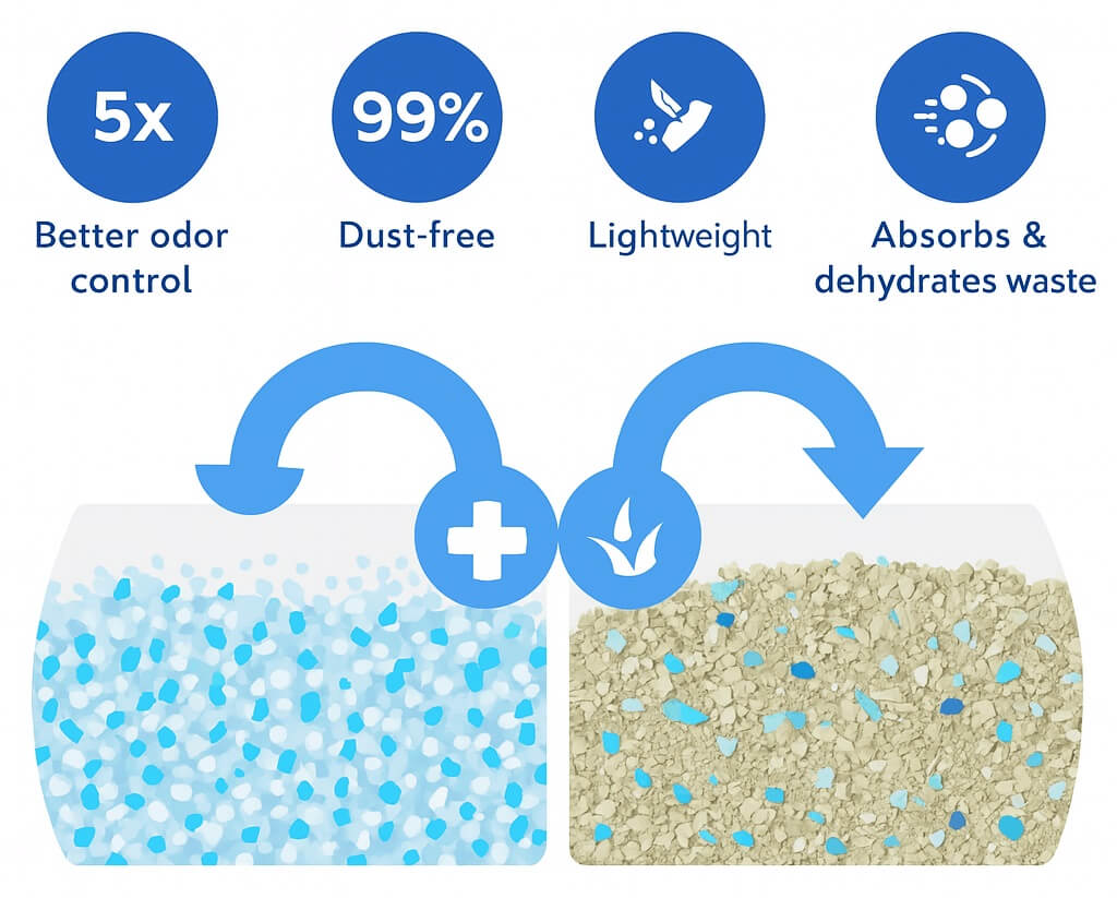 Comparison of ScoopFree crystal litter vs clay litter – better odor control and dust reduction