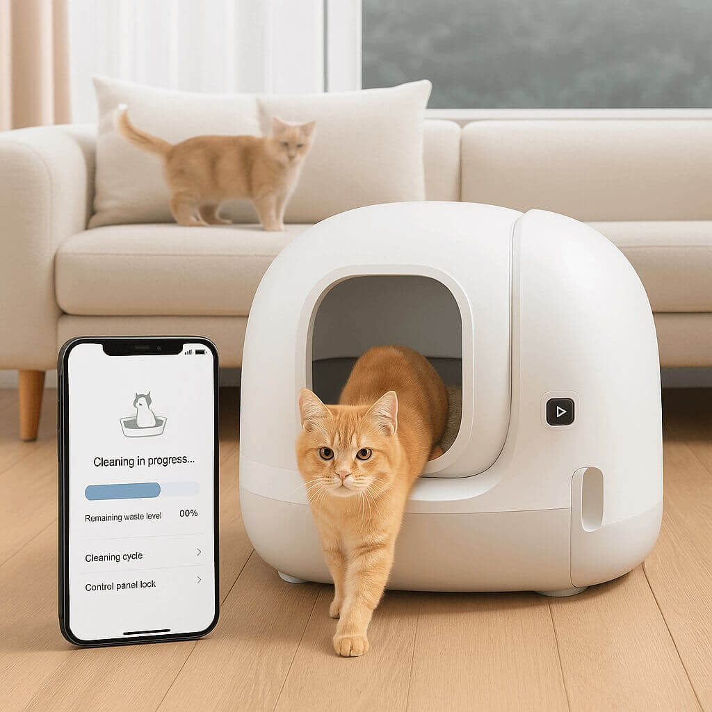 Smart self-cleaning litter box for cats with app control and modern design – orange tabby cat exiting the unit while smartphone displays cleaning status.