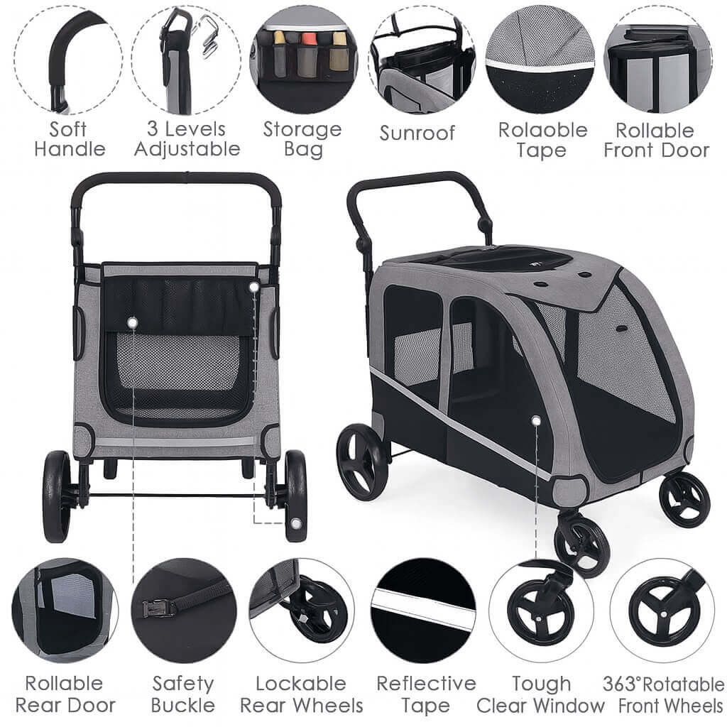 How the extra large dog stroller works: setup shown with seat, wheels, and safety harness – easy-to-use for pet parents