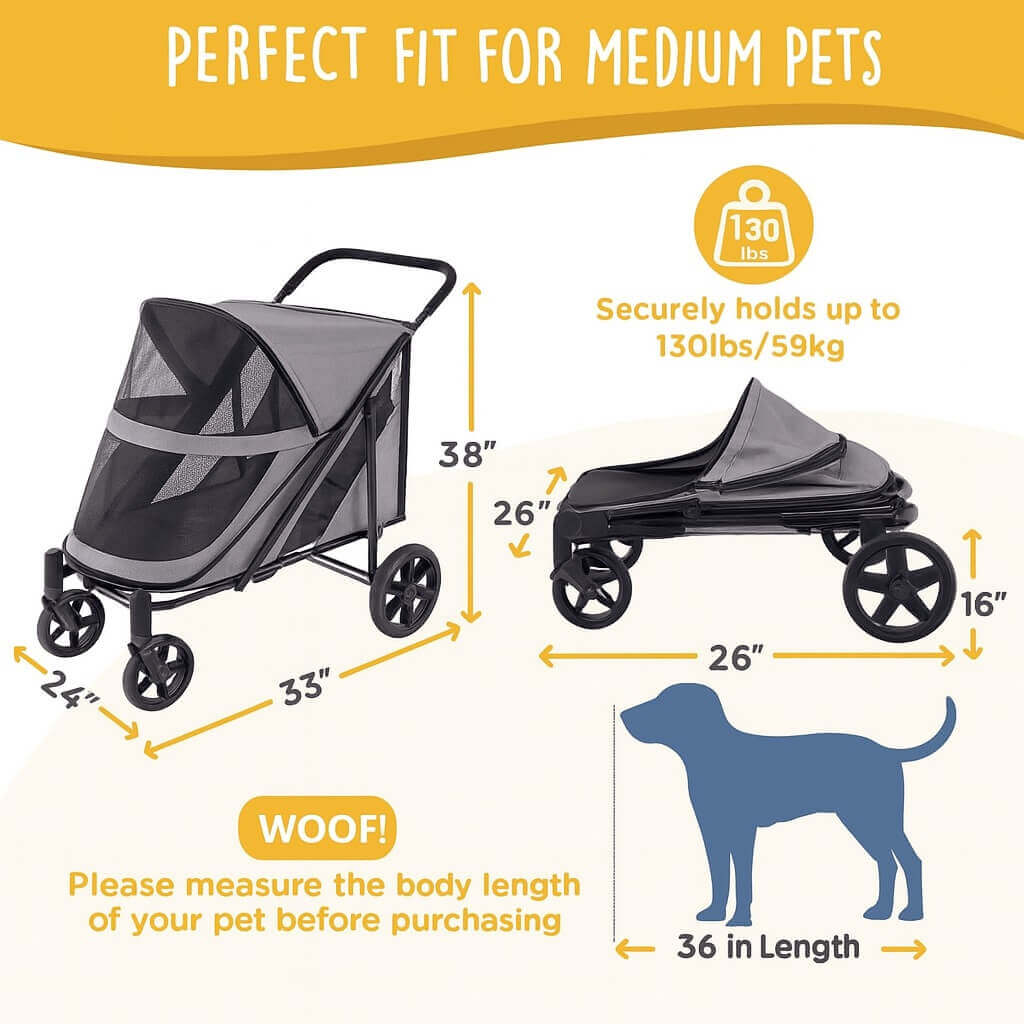 Size chart and weight capacity for Denver On-The-Go Extra Large Dog Stroller