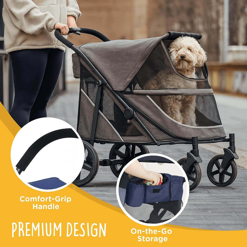 Denver On-The-Go Pet Stroller in use – comfort grip handle and storage features