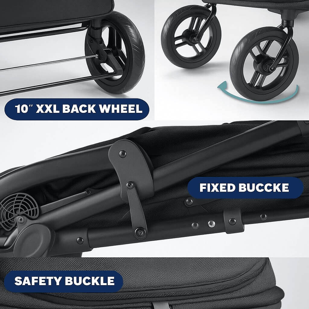 Key components of a large dog stroller including 10-inch wheels, fixed buckle, and safety buckle for secure and smooth rides