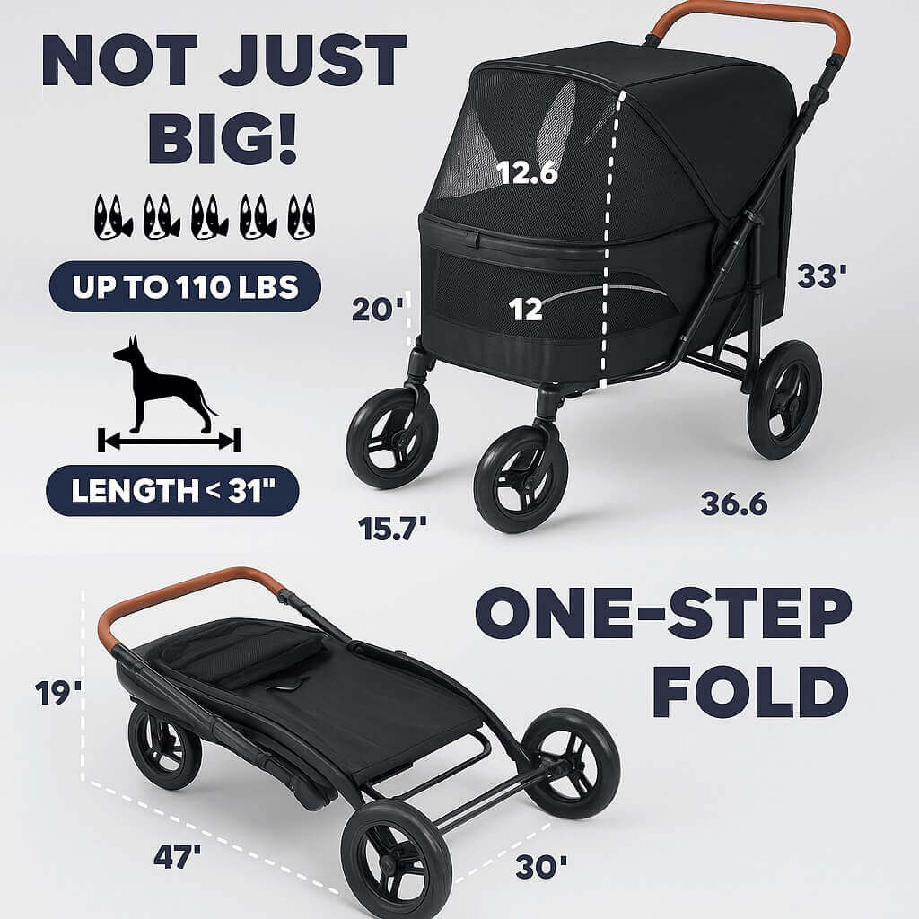 Foldable large dog stroller with dimensions and one-step folding feature for up to 110 lbs pets