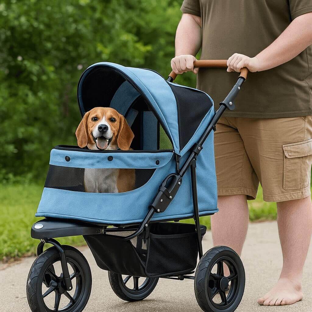 Pet Gear Jogger Stroller in use outdoors with white dog inside and person pushing it