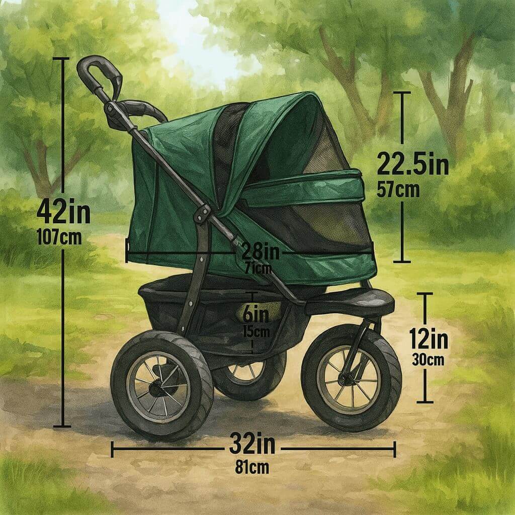 Pet Gear Jogger Stroller dimensions diagram with detailed measurements in inches and centimeters